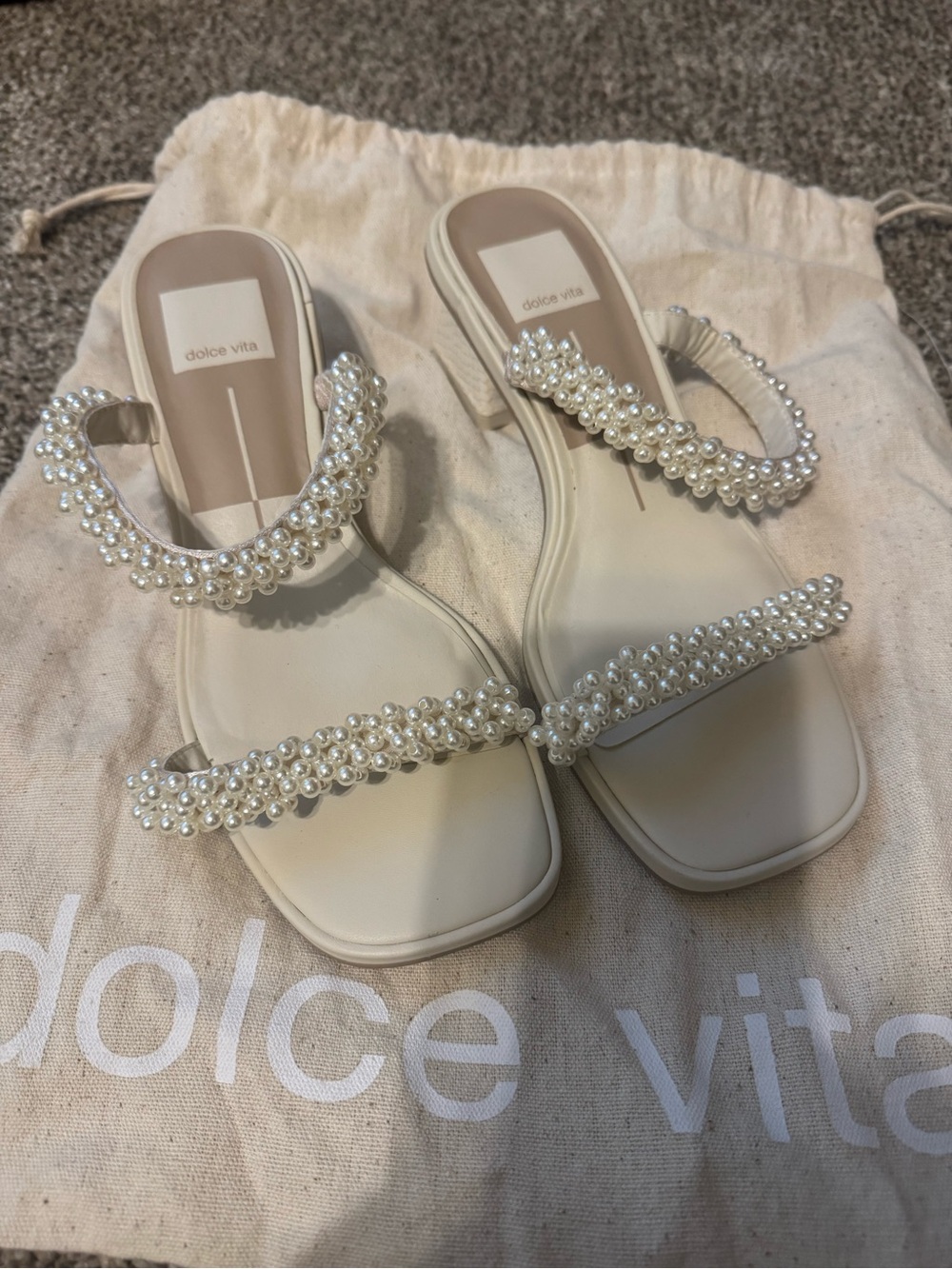 Dolce Vita Pearl-Trim Cream Slide Sandals